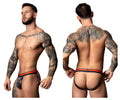 Men’s black and orange geometric patterned briefs by male power for comfortable supportive wear in navy-orange color