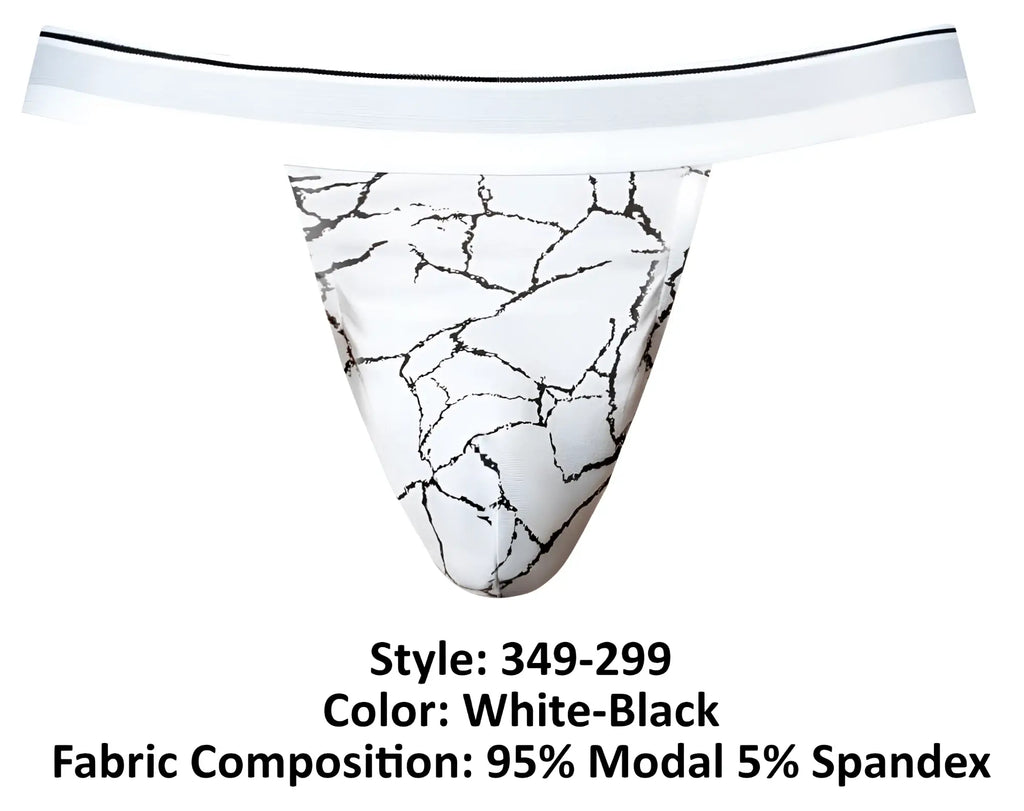 Male Power 349-299 Soo Cumfy Jock white and black marble-patterned thong with white elastic waistband front view