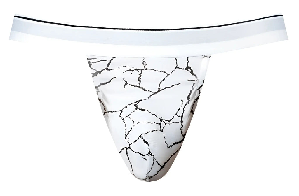 Male power 349-299 soo cumfy jock in white with black marble crack pattern thong and thin white waistband front view