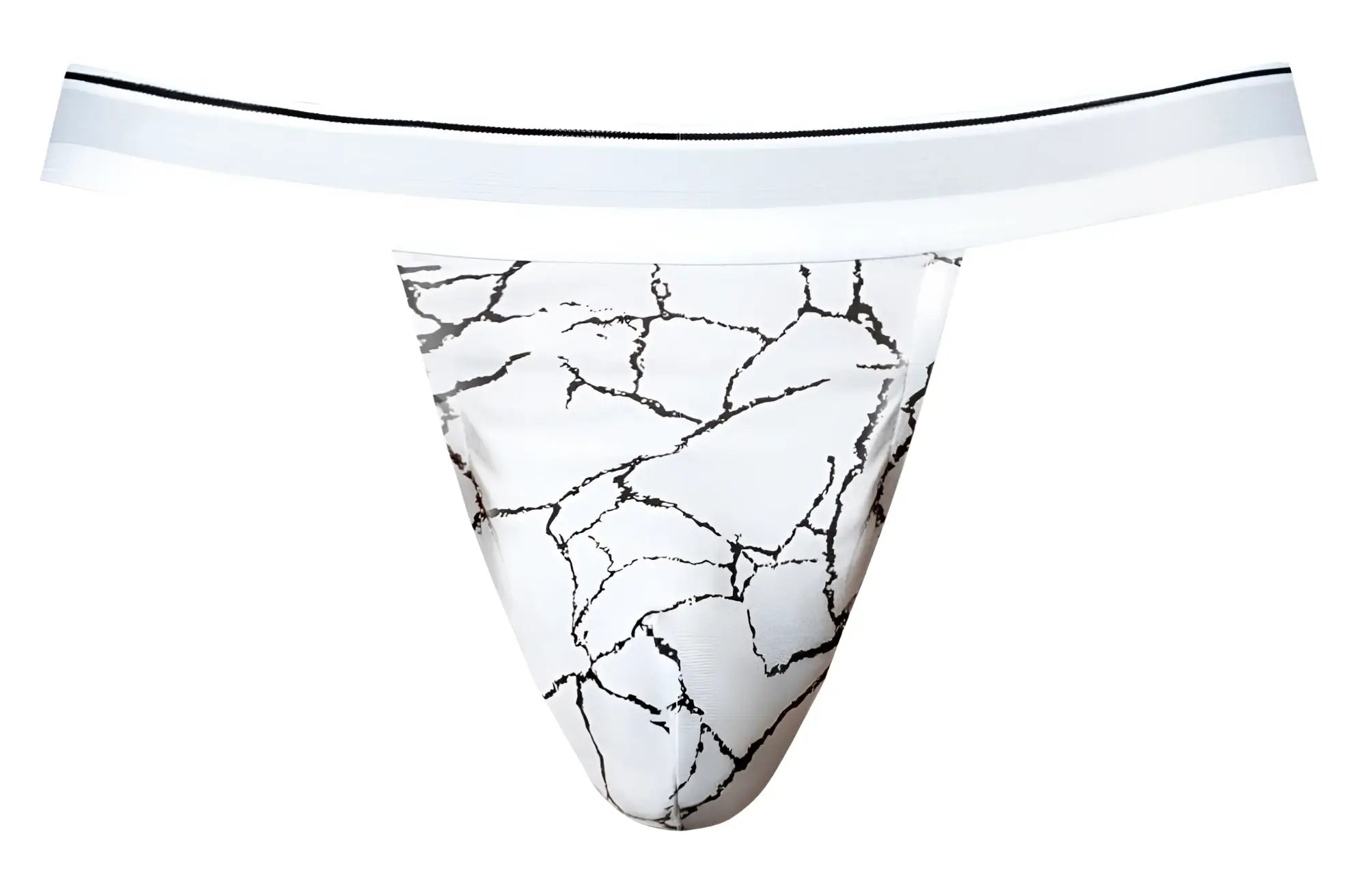 Male power 349-299 soo cumfy jock in white with black marble crack pattern thong and thin white waistband front view