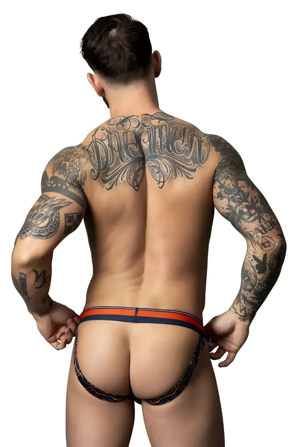 Male Power 349-299 Soo Cumfy jockstrap briefs with black and orange pattern and navy blue trim for comfortable wear