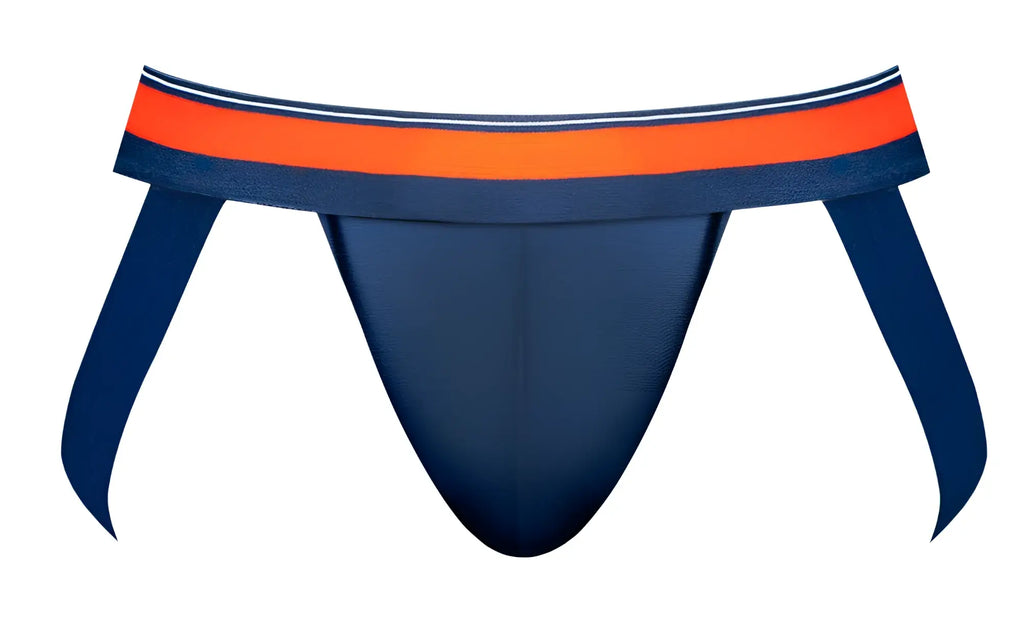 Navy blue male power 349-299 soo cumfy athletic briefs with bold orange and white striped waistband