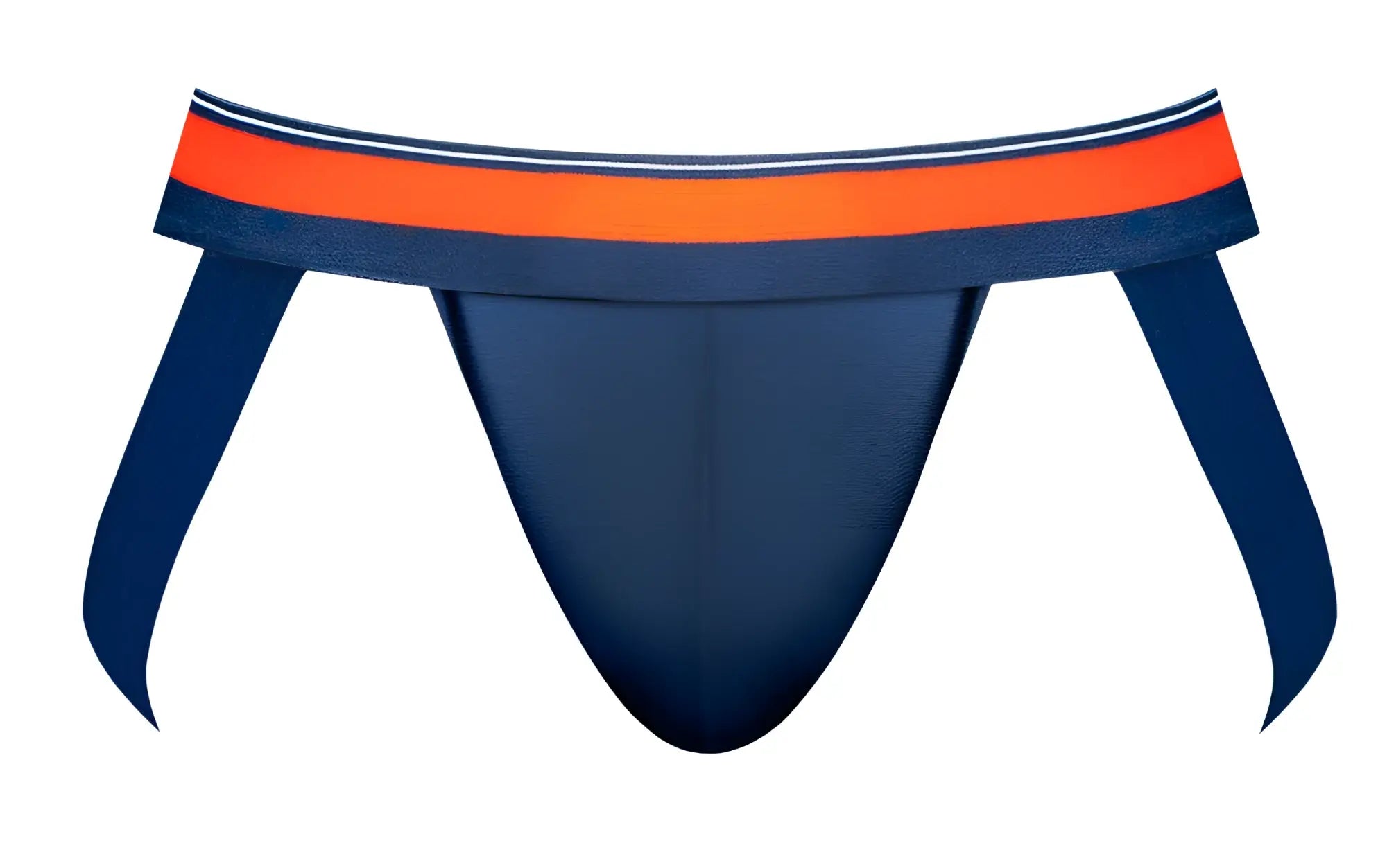 Navy blue male power 349-299 soo cumfy athletic briefs with bold orange and white striped waistband