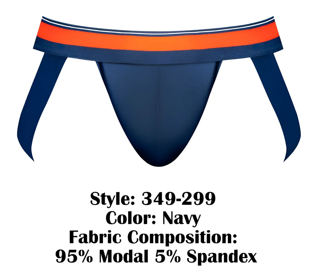 Male power 349-299 soo cumfy navy athletic briefs with bold orange and white striped waistband for comfortable wear