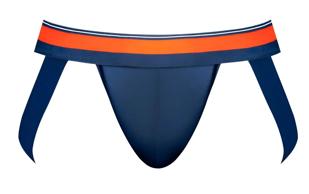 Navy blue male power 349-299 soo cumfy athletic briefs with bold orange and white striped waistband