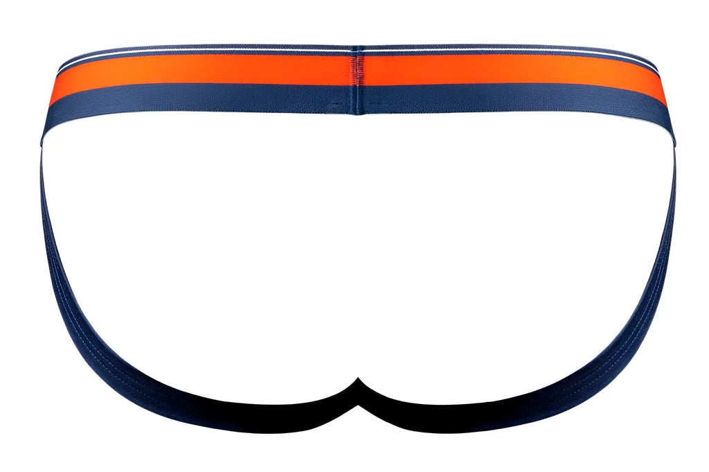 Male power 349-299 soo cumfy jockstrap in navy blue with bold orange and white striped waistband for comfortable wear