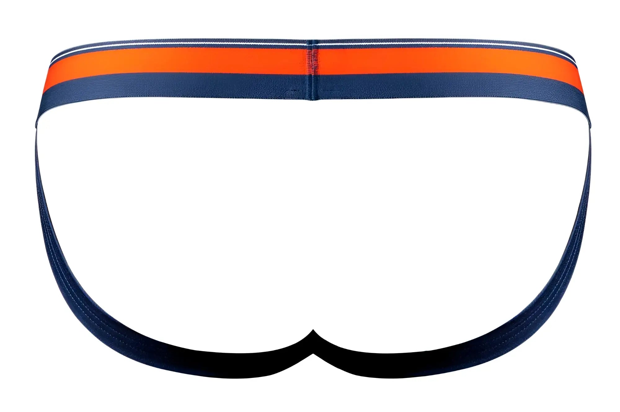 Male power 349-299 soo cumfy jockstrap in navy blue with bold orange and white striped waistband for comfortable wear