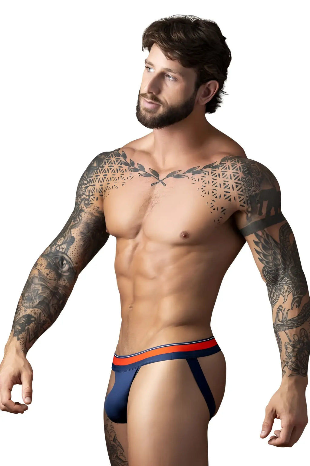 Male power 349-299 soo cumfy navy athletic briefs with supportive contoured design in navy blue and orange
