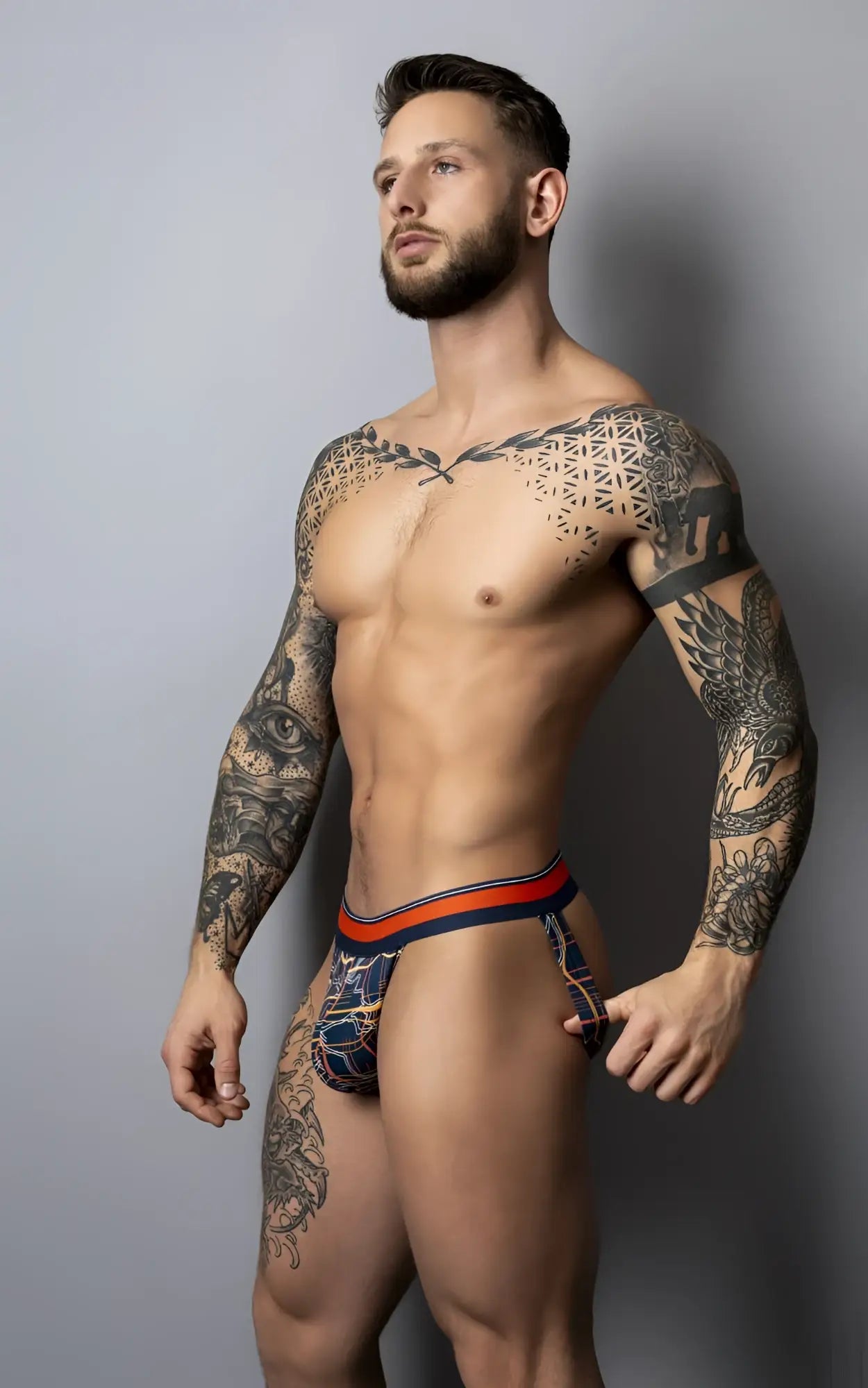 Male power 349-299 soo cumfy jockstrap in navy with blue and orange geometric patterned fabric for comfortable wear