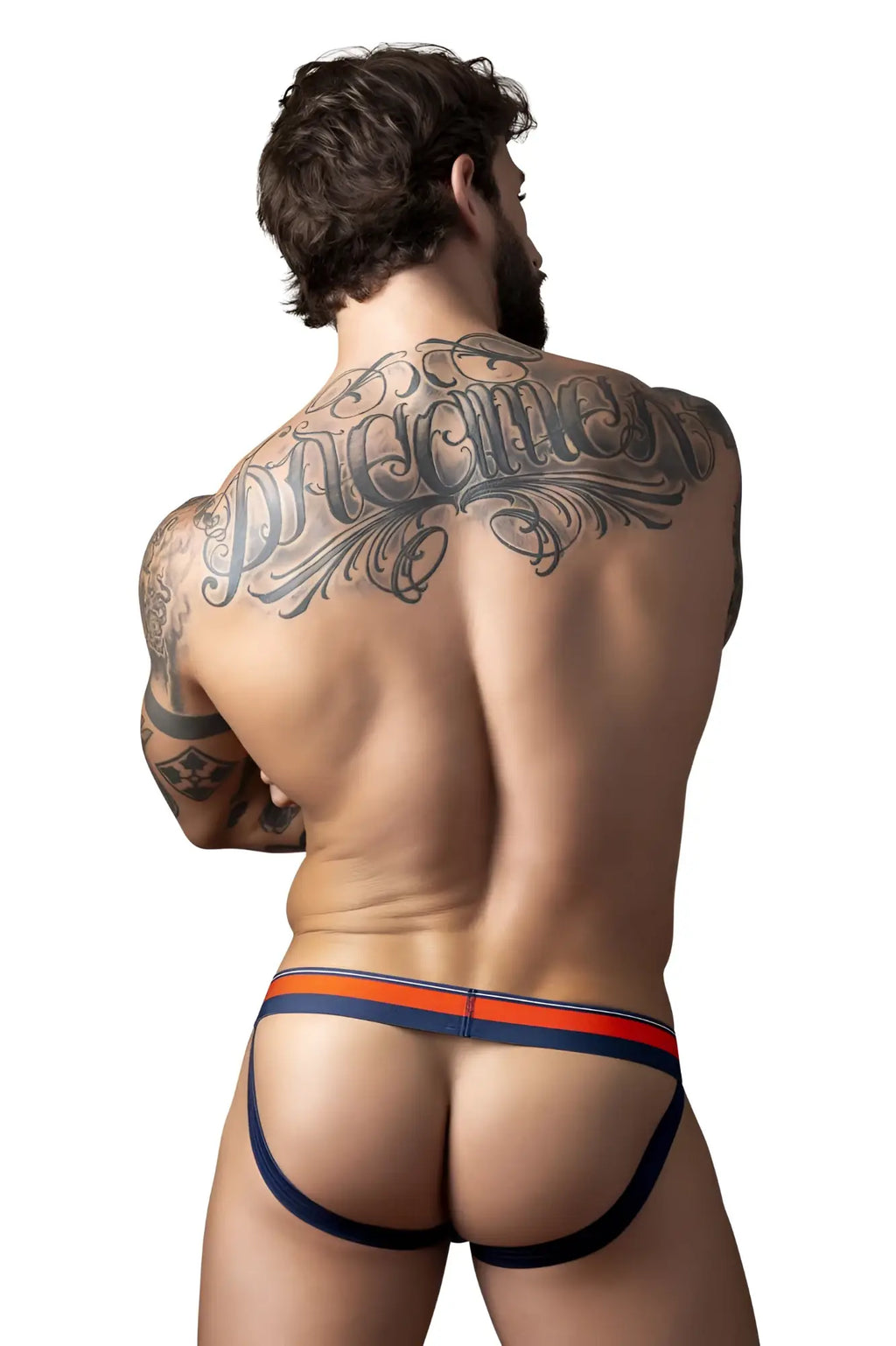 Male power 349-299 soo cumfy jockstrap in navy with orange stripes and sleek form-fitting briefs design