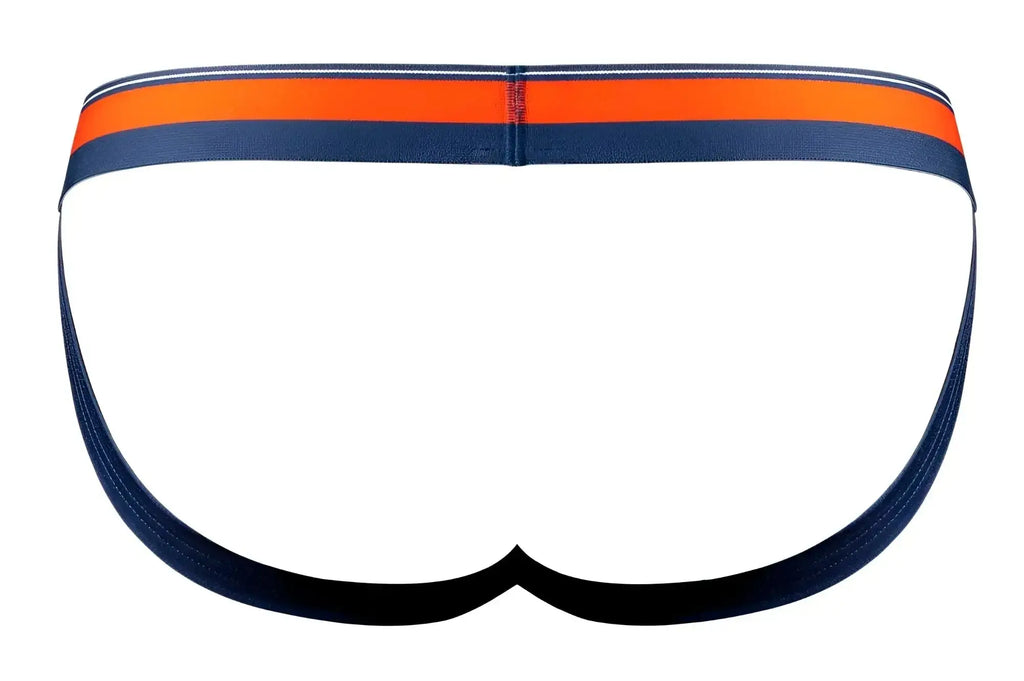 Male power 349-299 soo cumfy jockstrap in navy blue with bold orange and white striped waistband for comfortable wear
