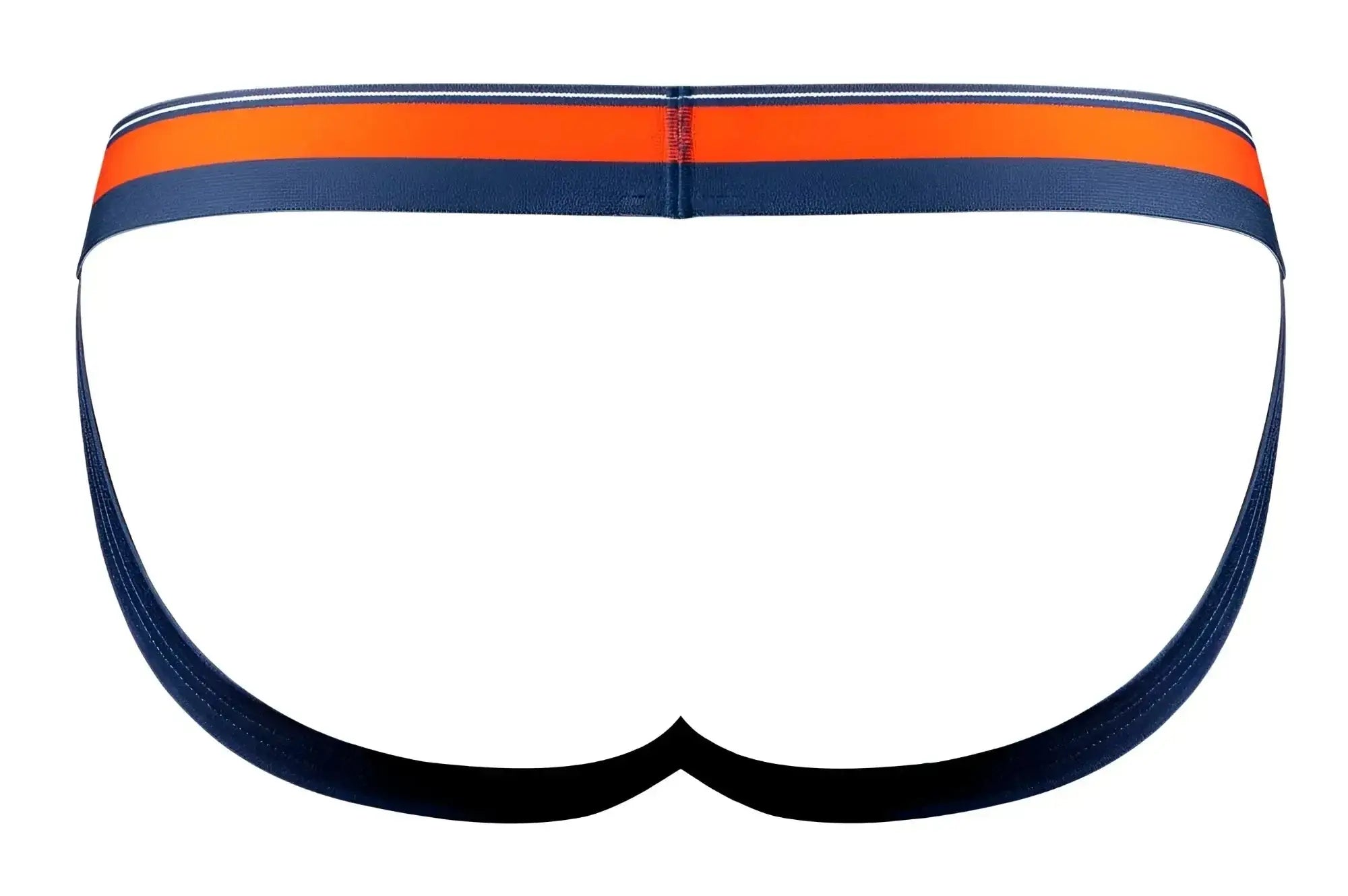 Male power 349-299 soo cumfy jockstrap in navy blue with bold orange and white striped waistband for comfortable wear