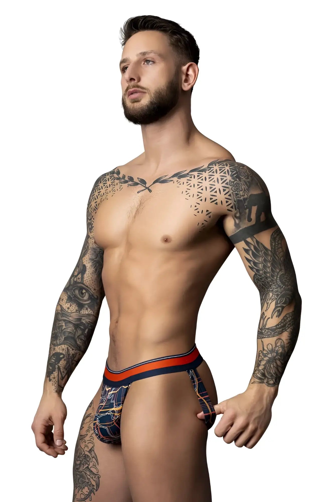 Male Power 349-299 Soo Cumfy jockstrap in navy with blue and red geometric patterned men’s briefs front view