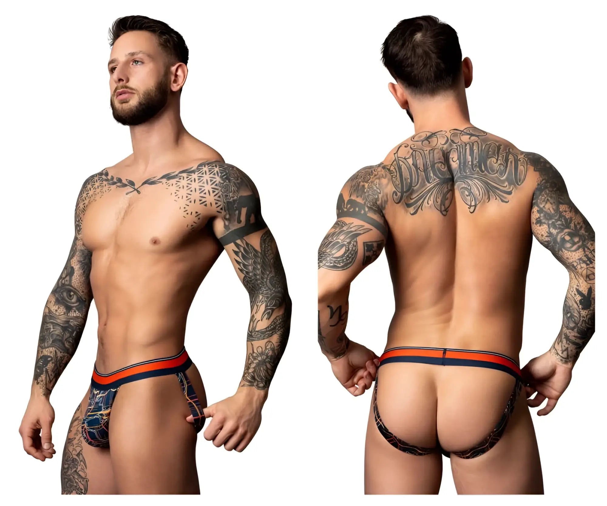 Men’s black and orange patterned briefs with geometric design from male power soo cumfy jockstrap navy collection