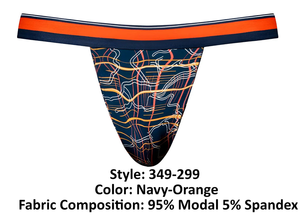 Male power 349-299 soo cumfy jockstrap navy thong with bold abstract orange white and yellow front line pattern