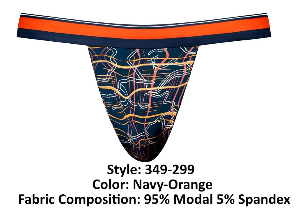 Male power 349-299 soo cumfy jockstrap navy thong with bold abstract orange white and yellow front line pattern