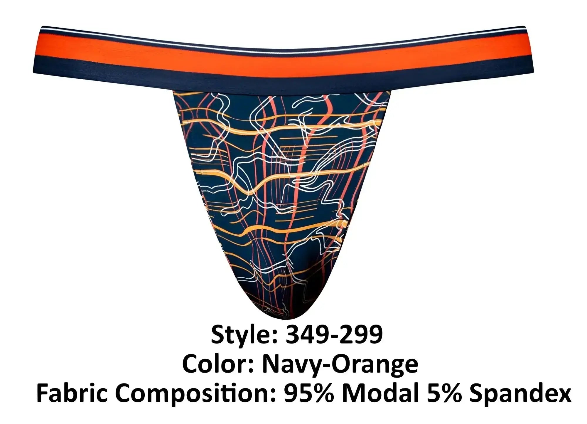 Male power 349-299 soo cumfy jockstrap navy thong with bold abstract orange white and yellow front line pattern