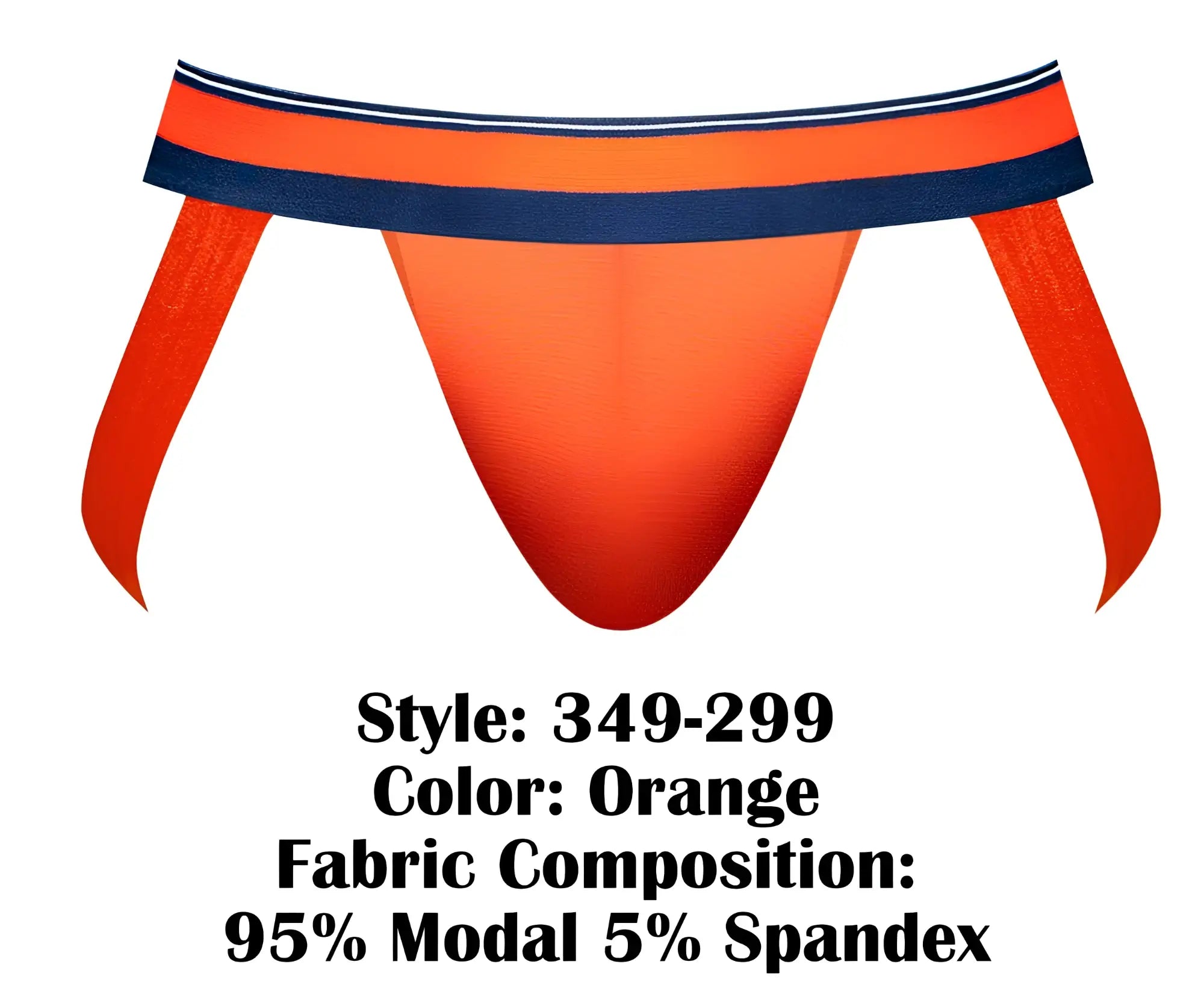 Male power 349-299 soo cumfy jockstrap in orange with navy and white striped waistband made of modal and spandex