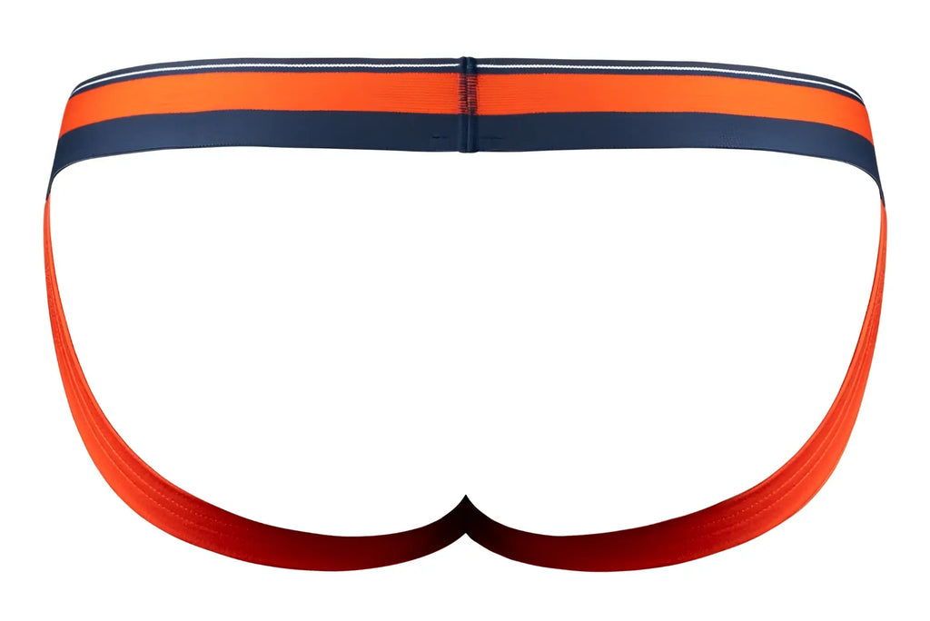 Male power 349-299 soo cumfy jockstrap in orange with navy blue stripes and red gradient trim for athletic use