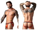 Male power 349-299 soo cumfy striped briefs in orange and navy blue with a snug athletic fit for active wear