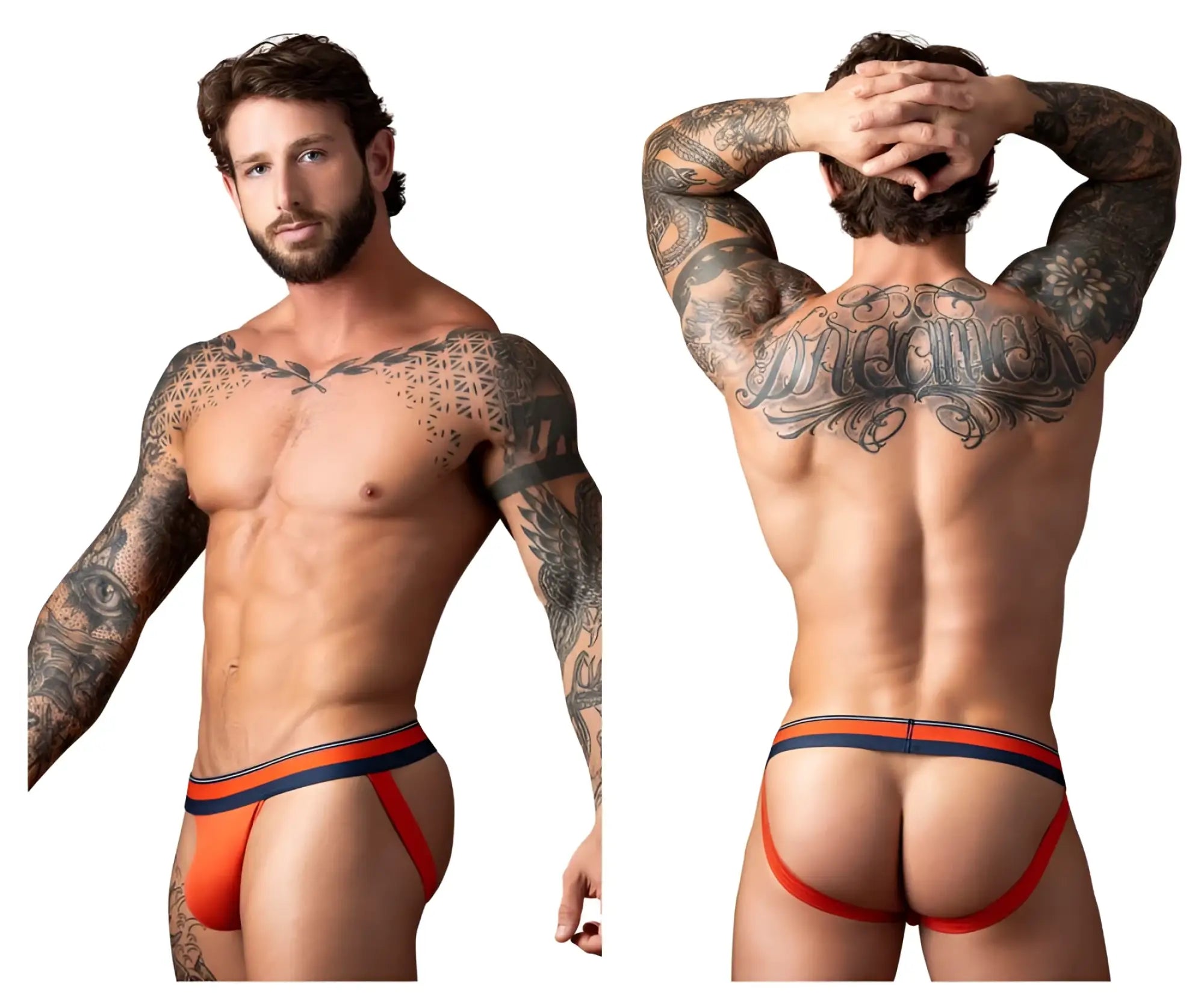 Male power 349-299 soo cumfy striped briefs in orange and navy blue with a snug athletic fit for active wear