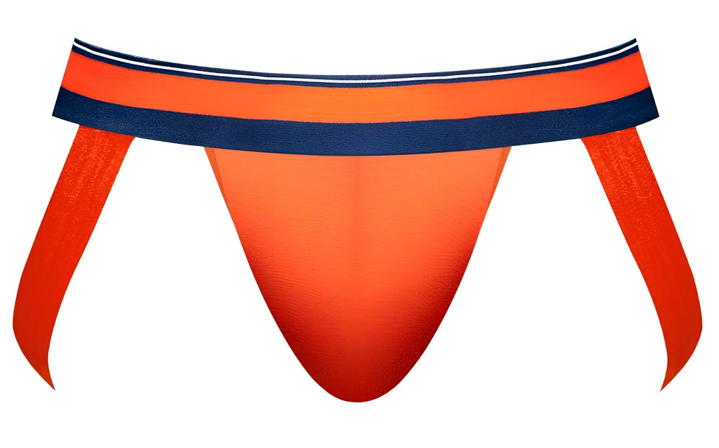 Vibrant orange male power 349-299 soo cumfy jockstrap with navy blue and white striped waistband front view