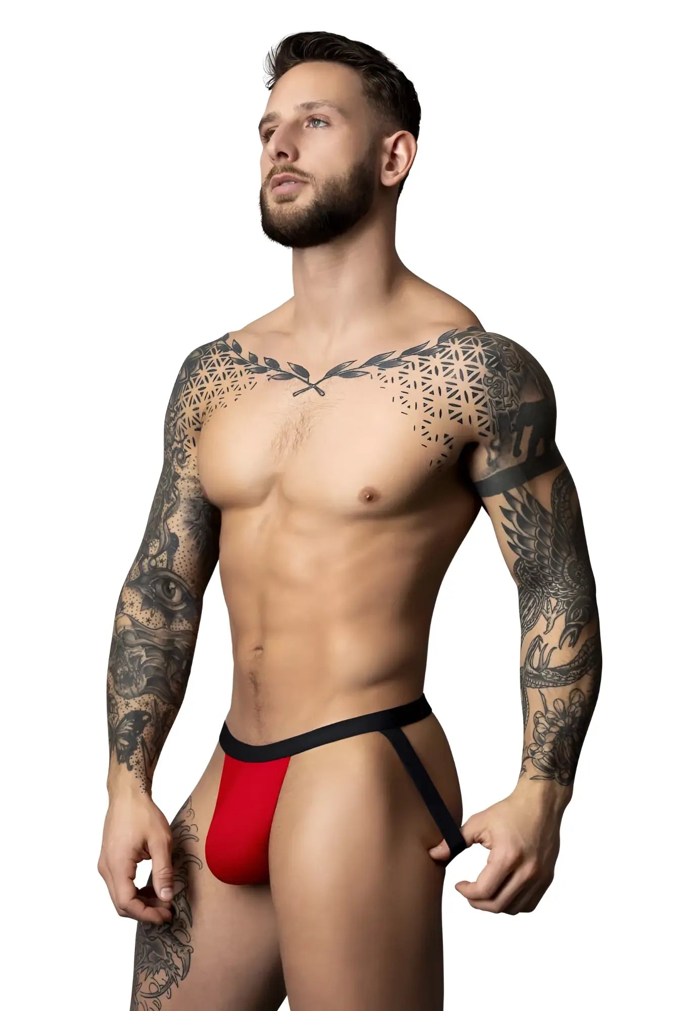 Red and black male power 349-300 hot mesh jock briefs with bold modern design and breathable fabric