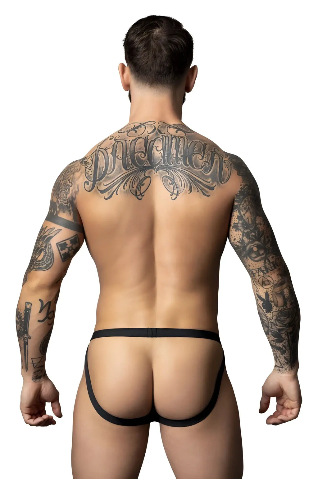 Black male power 349-300 hot mesh jock thong underwear with sleek, form-fitting design and red accents