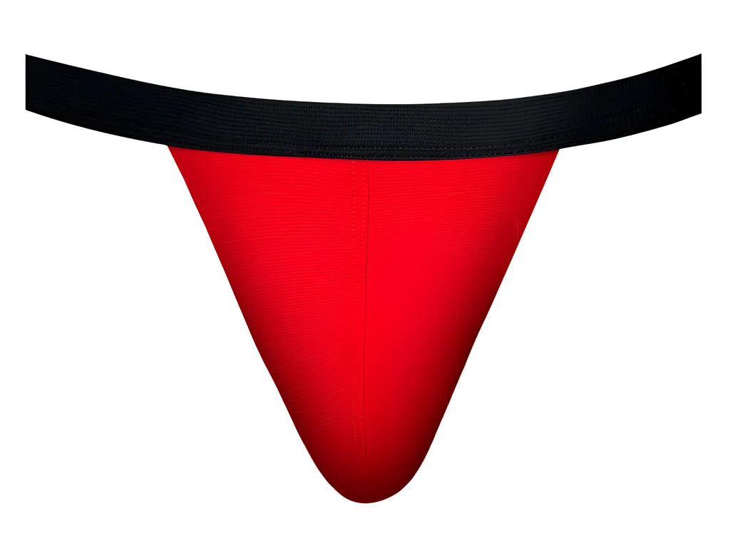 Male Power 349-300 hot mesh jock in red thong style with black elastic waistband showing front view