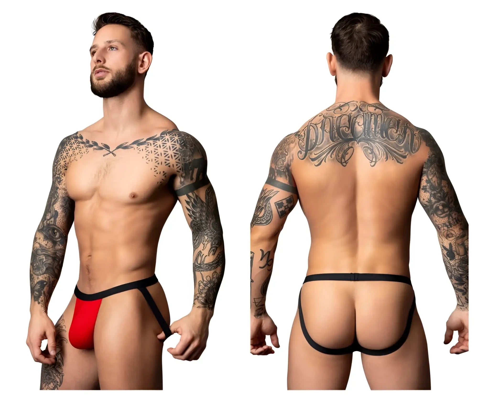 Male power 349-300 hot mesh jock black red thong with sleek minimalist design shown from the back side