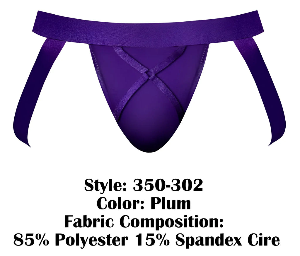 Male power 350-302 eggplant crossover jock thong in plum with satin finish and crossed fabric straps at the front