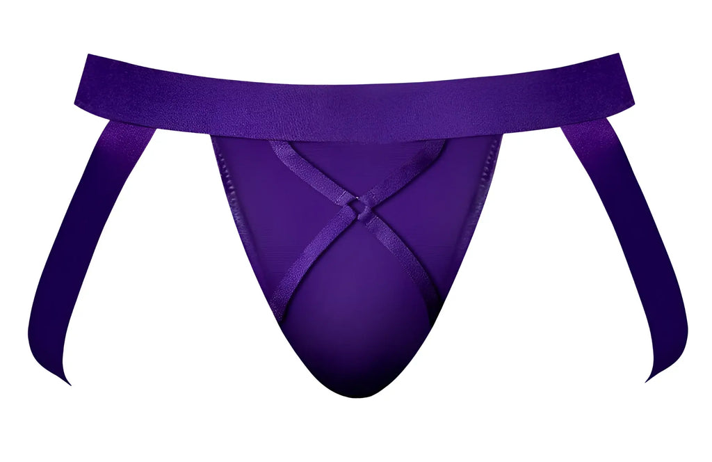 Purple satin thong male power 350-302 with wide waistband and crossed ribbon ties in eggplant plum color
