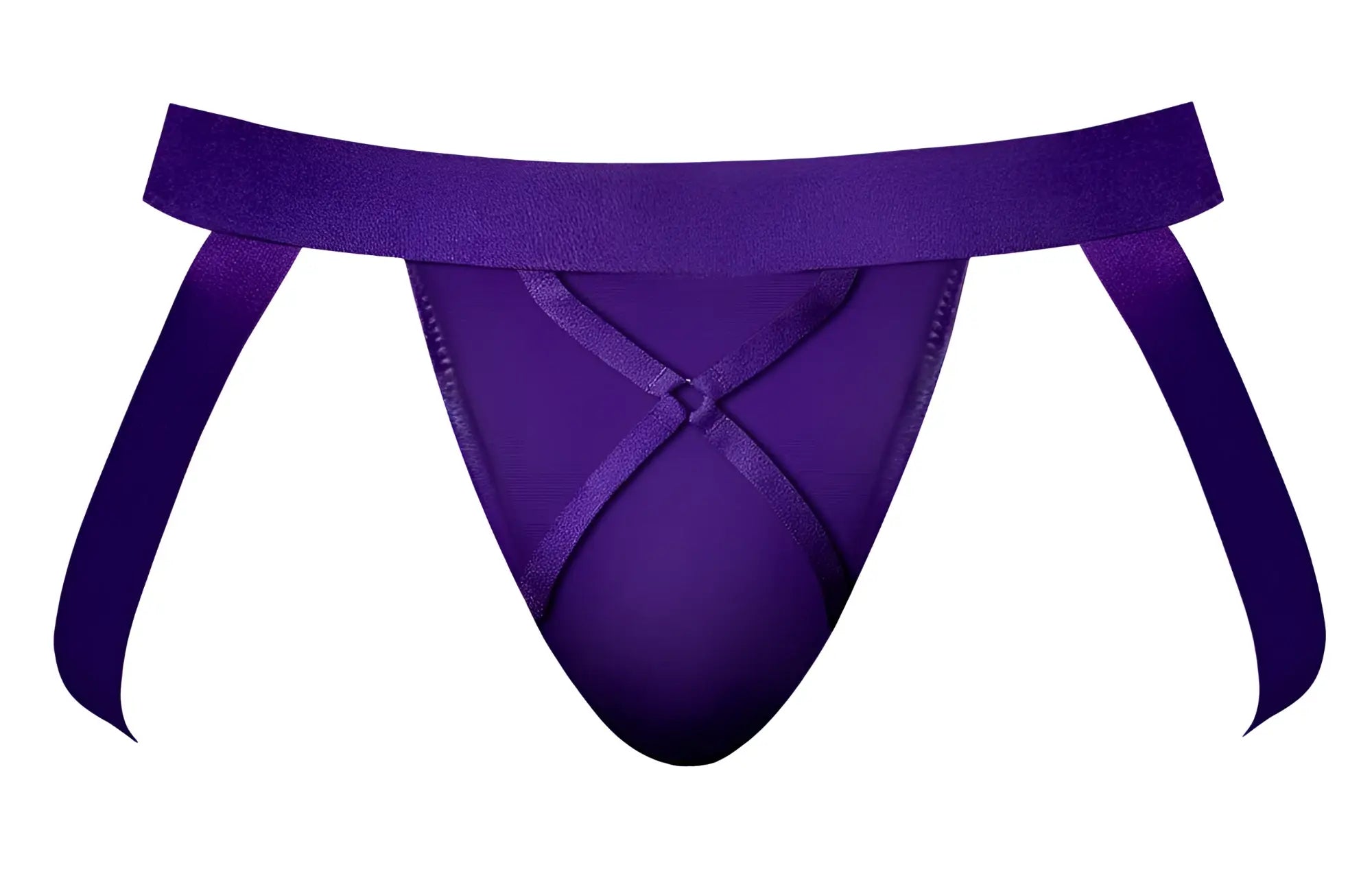Purple satin thong male power 350-302 with wide waistband and crossed ribbon ties in eggplant plum color