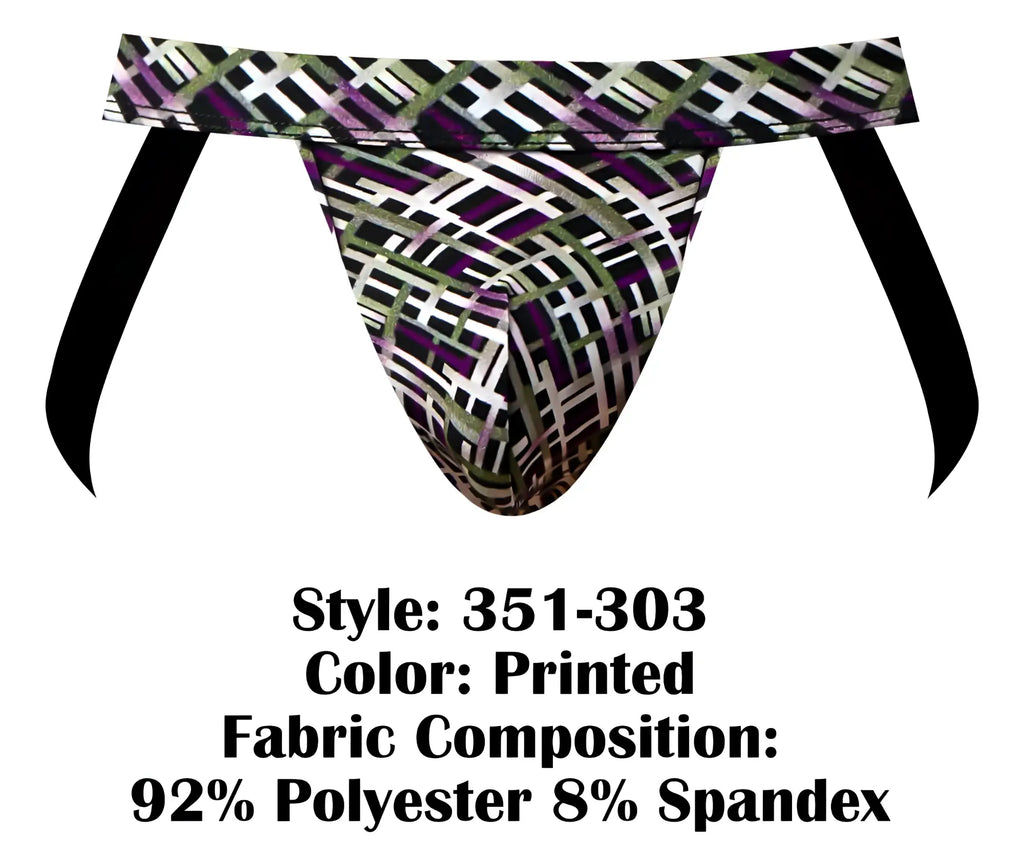 Male power 351-303 gridlocked strappy ring jock brief with bold black white and purple geometric print