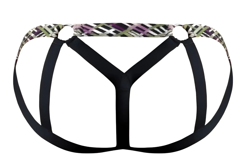 Black fabric briefs with purple green and white geometric printed waistband from male power 351-303 gridlocked strappy ring jock