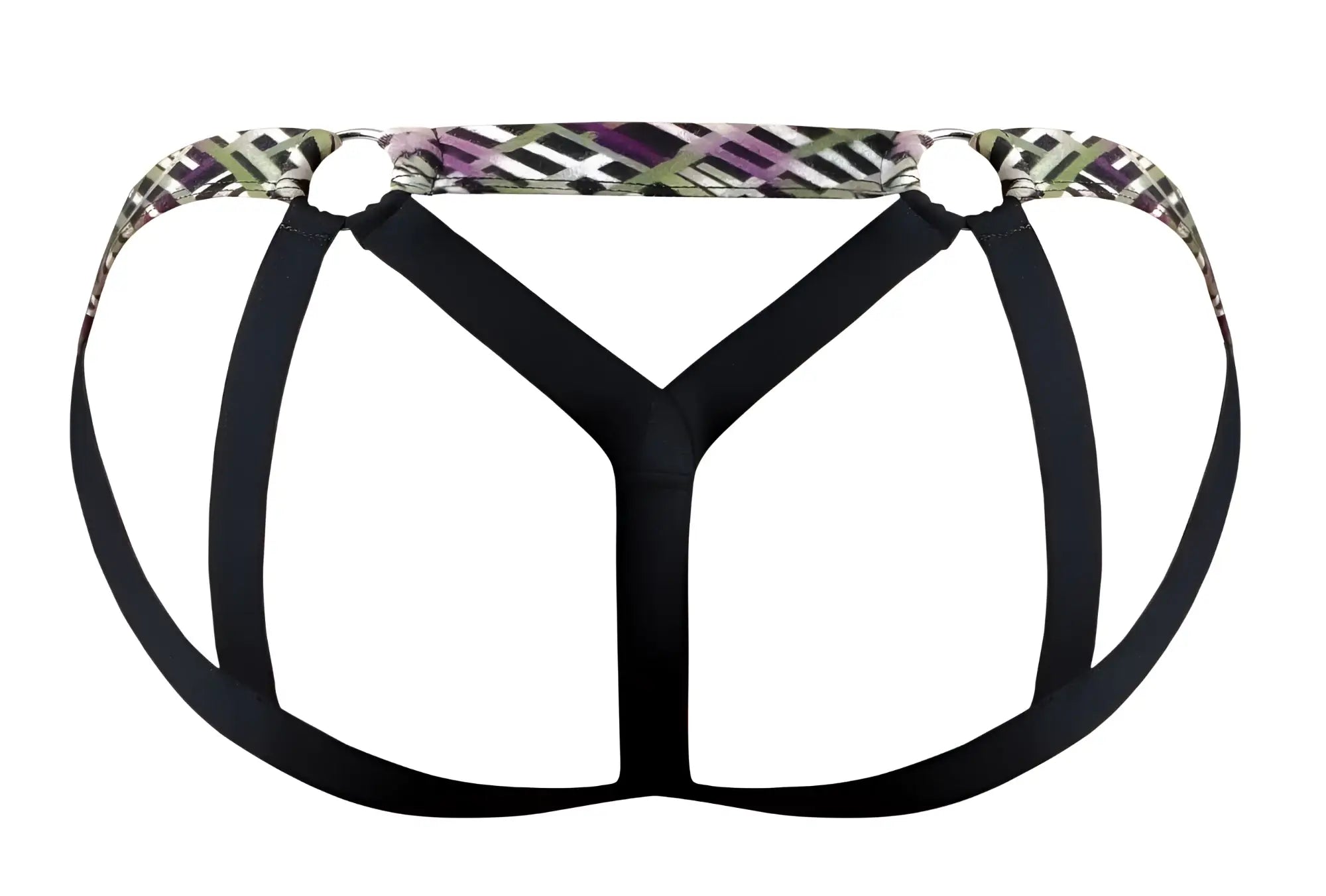 Black fabric briefs with purple green and white geometric printed waistband from male power 351-303 gridlocked strappy ring jock