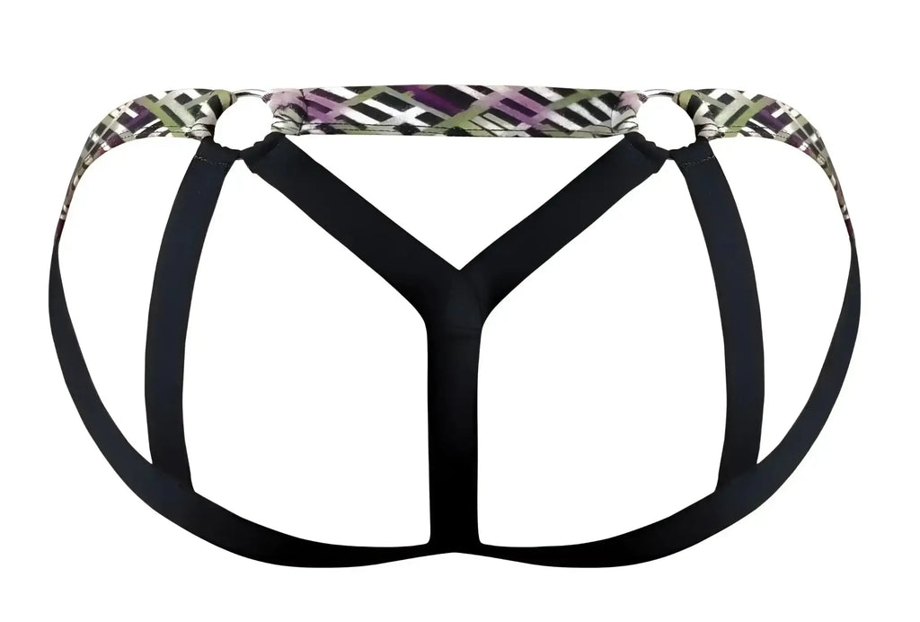 Black fabric briefs with purple green and white geometric printed waistband from male power 351-303 gridlocked