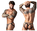 Male power 351-303 gridlocked strappy ring jock color printed black and patterned lace trimmed men’s briefs with straps