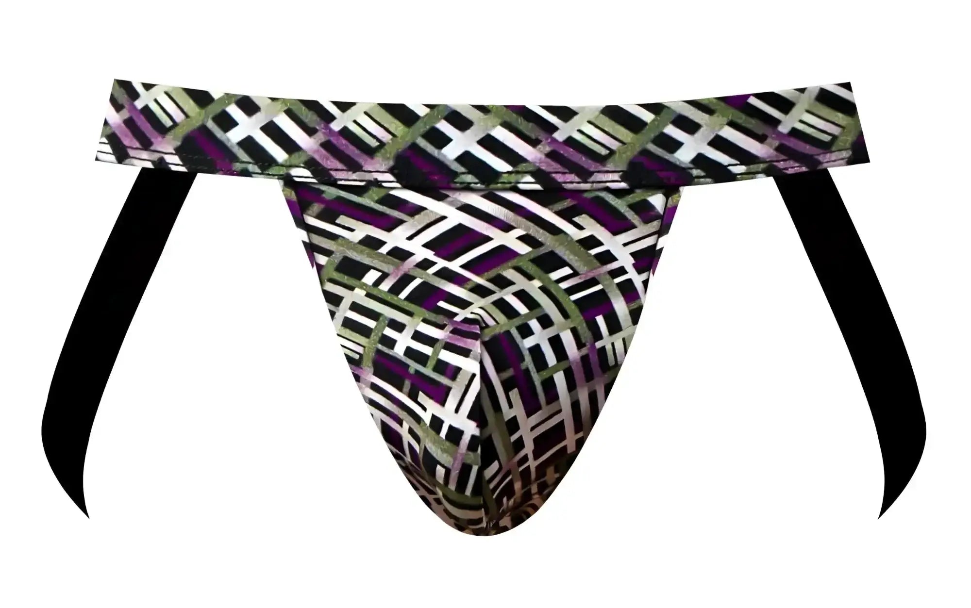 Male power 351-303 gridlocked strappy ring jock thong with black white and purple geometric pattern and wide waistband