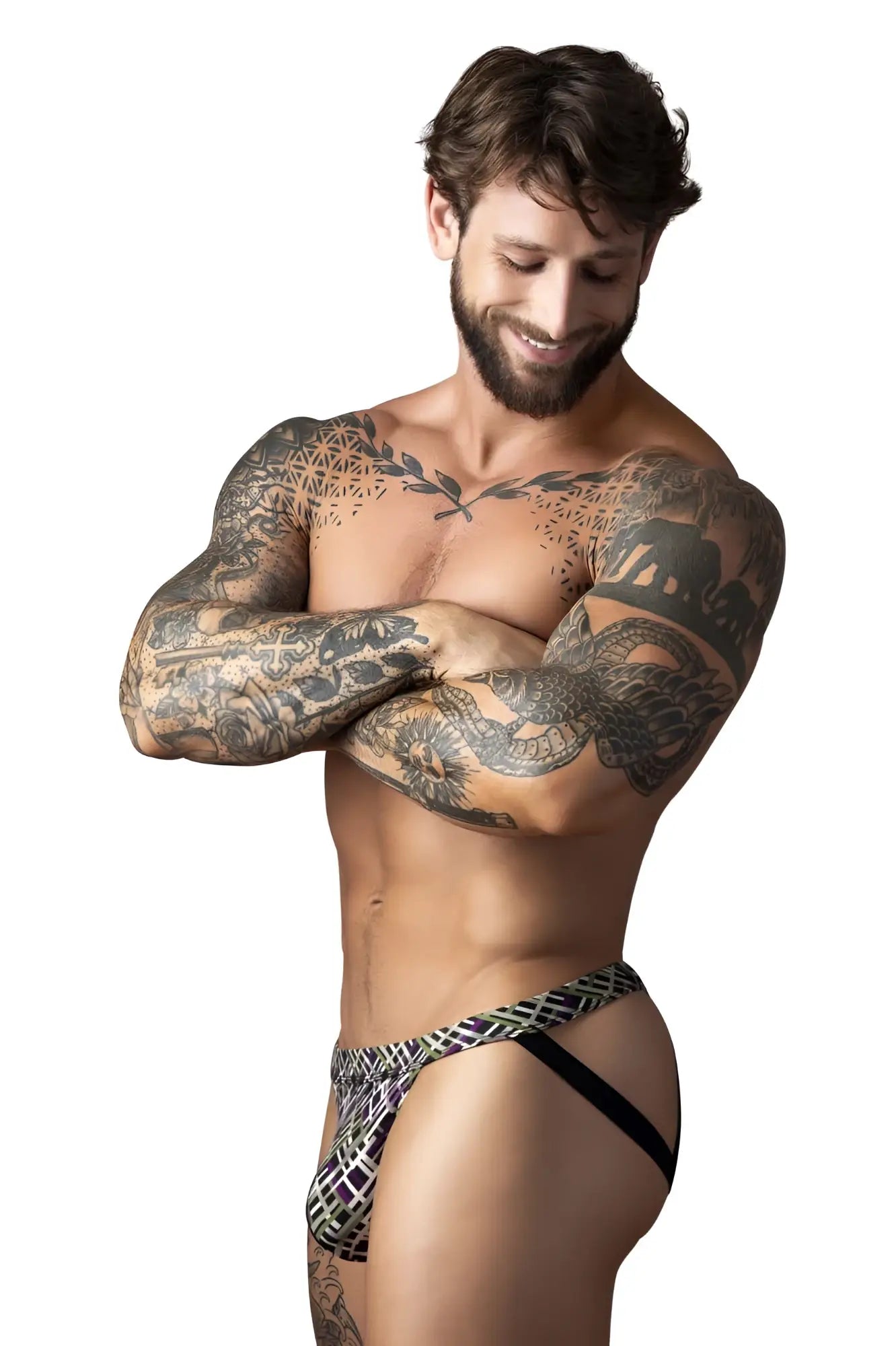 Male power 351-303 gridlocked strappy ring jock briefs in black and white geometric print for men