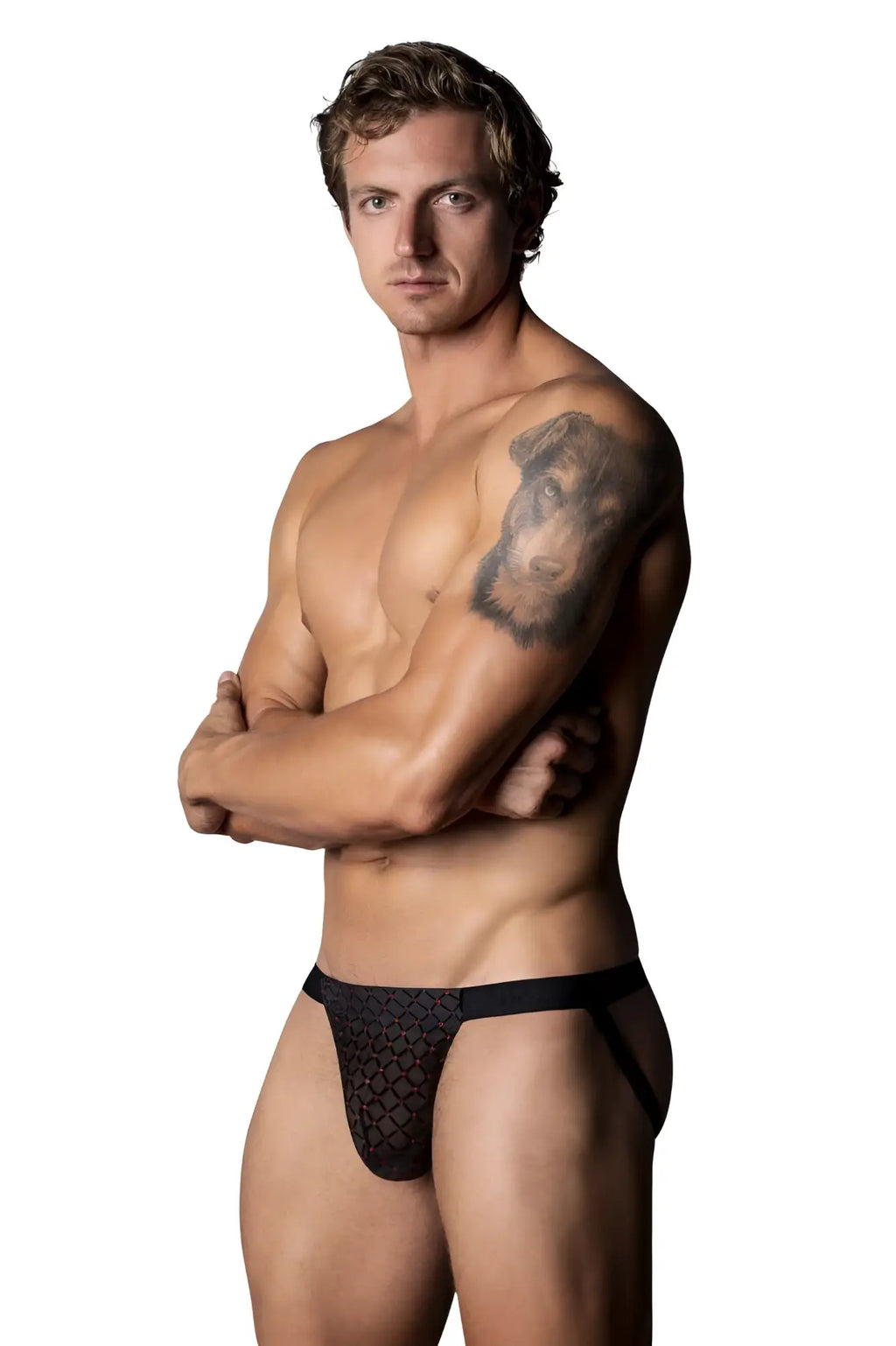 Black lace athletic briefs with mesh pattern and solid waistband by male power widow maker classic jock color black