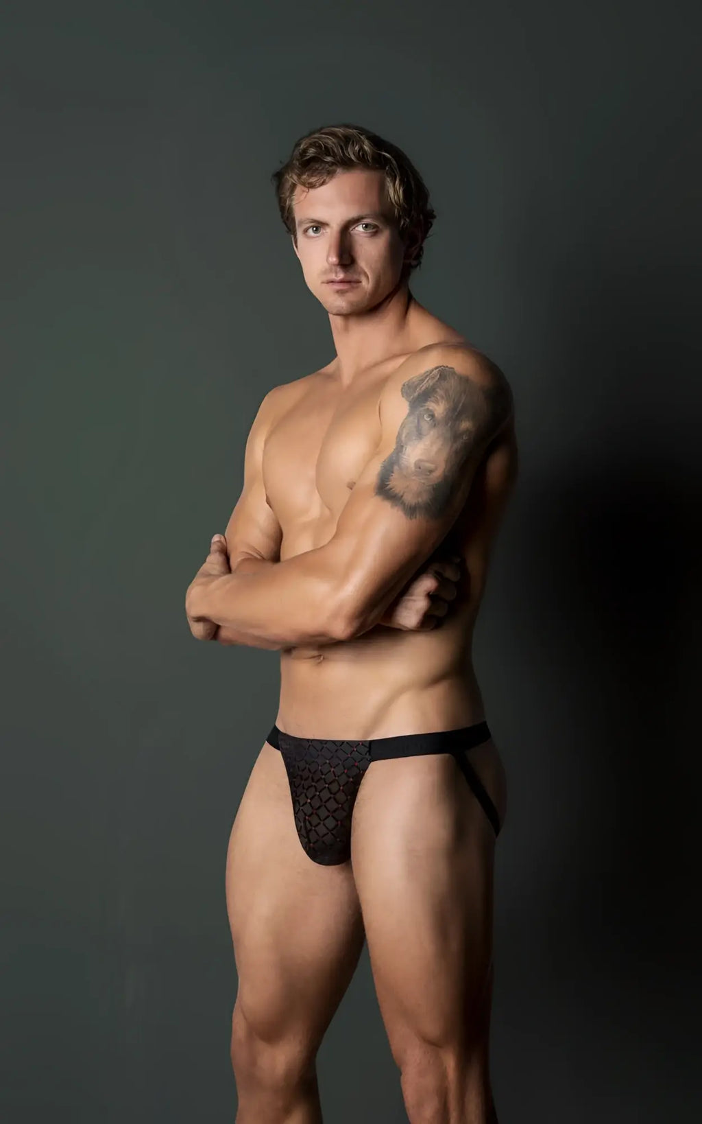 Black lace male power 353-296 widow maker classic jock briefs with geometric pattern in black color