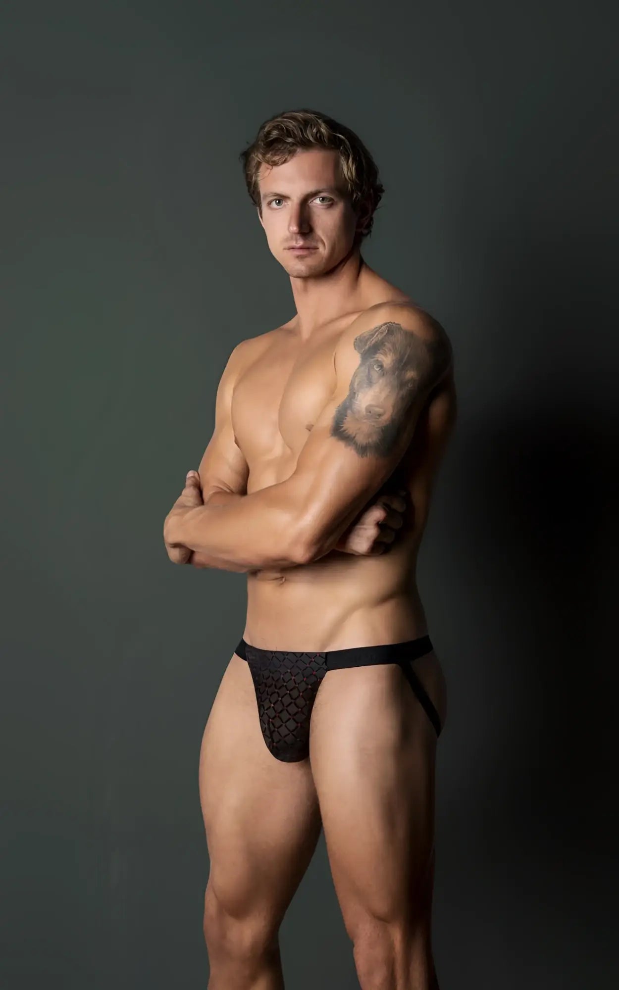 Black lace male power 353-296 widow maker classic jock briefs with geometric pattern in black color