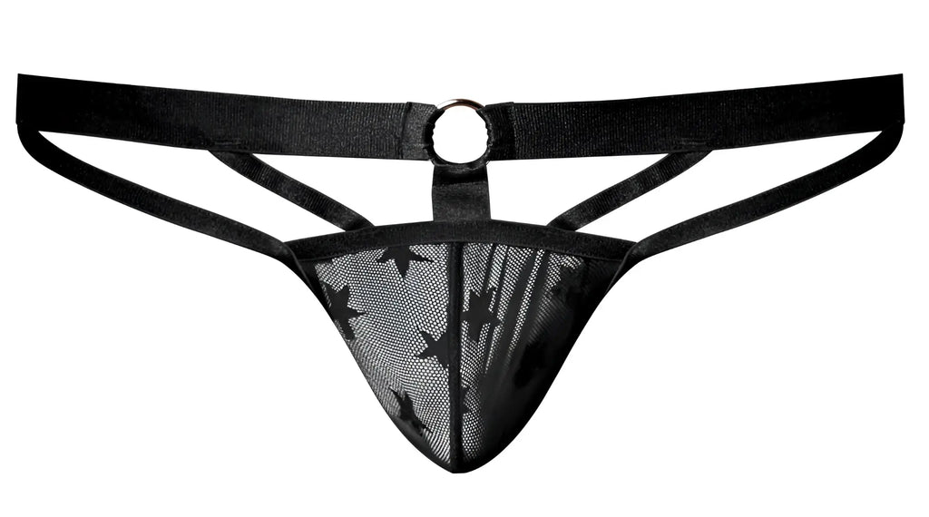 Black mesh thong male power 386-291 love star jock with star pattern and central metal ring in black
