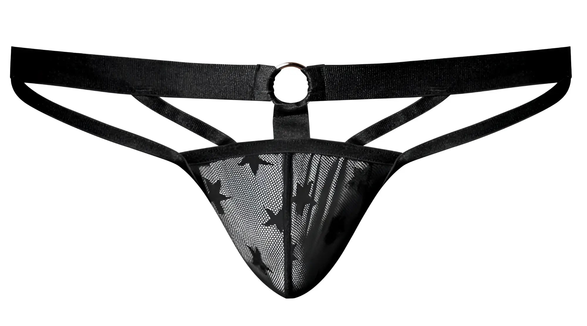 Black mesh thong male power 386-291 love star jock with star pattern and central metal ring in black
