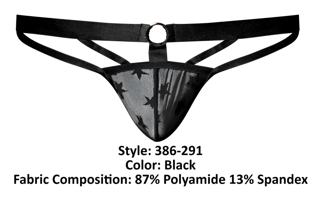 Male power 386-291 love star jock black mesh thong with star pattern wide elastic waistband and central metal ring