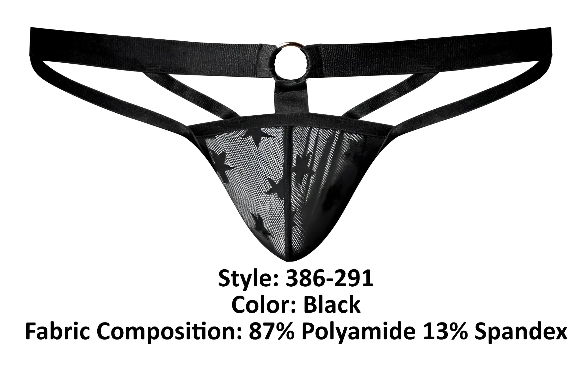 Male power 386-291 love star jock black mesh thong with star pattern wide elastic waistband and central metal ring
