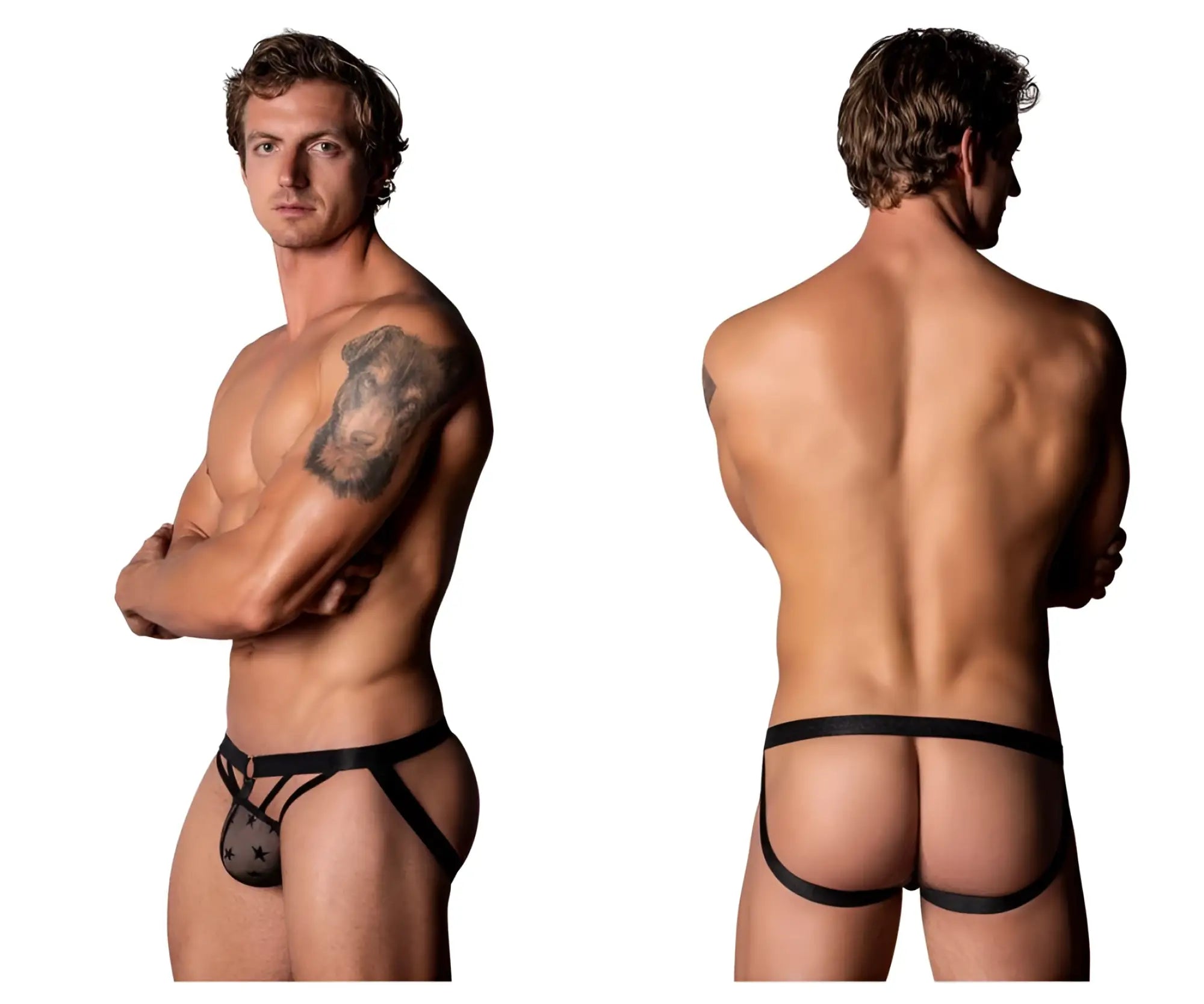 Male power 386-291 love star jock black sheer mesh thong with star pattern and adjustable straps shown from the back