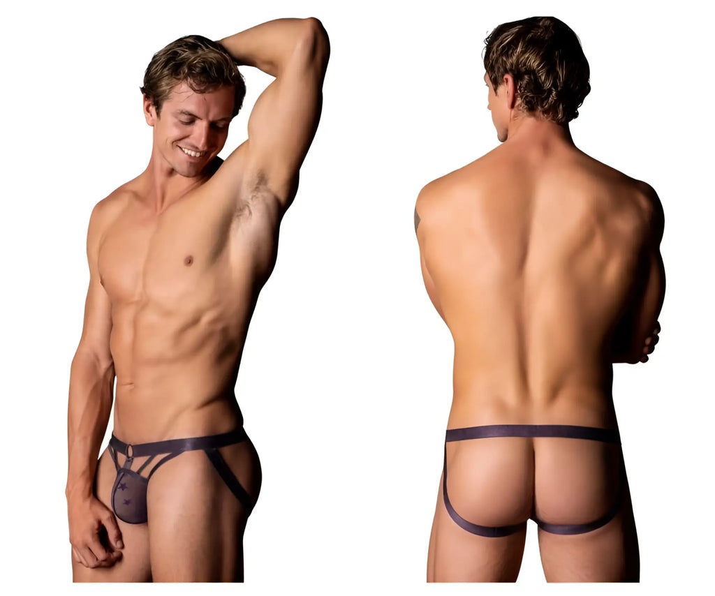 Male power 386-291 love star jock purple black sheer mesh briefs with solid waistband and front pouch detail
