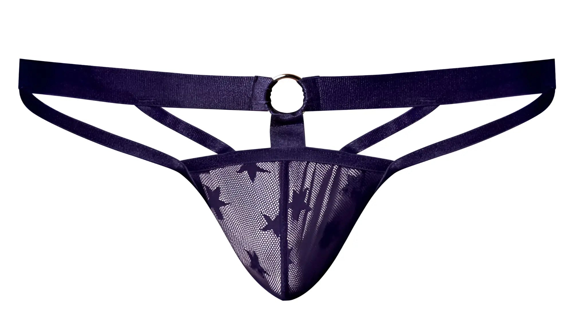 Male power love star jock purple navy blue star-patterned mesh thong with central metal ring front view